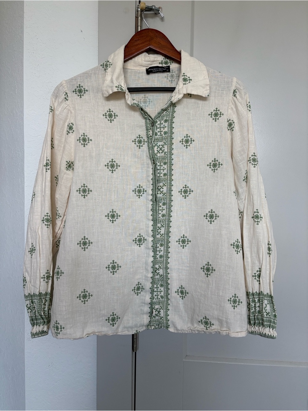FRANCESCA BETTINI CREAM GREEN LONG SLEEVE BUTTON LINEN TOP WOMENS MEDIUM
